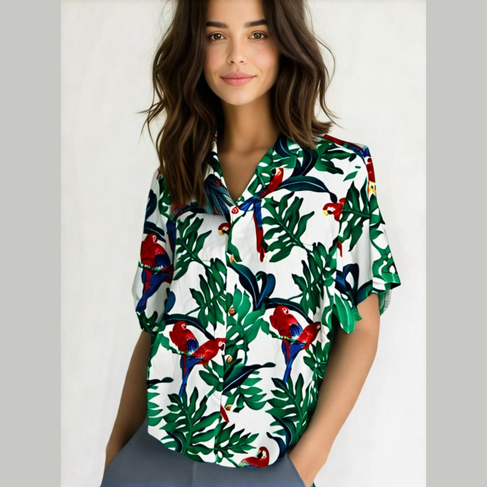 Paradise Found Hawaii Parrot Tropical‎ Print Button  Up Large